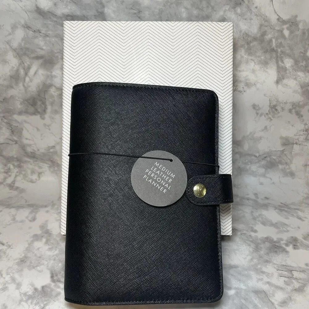 Kikki K Black Leather Personal Planner Medium Gold Snap Organizer New Boxed-READ